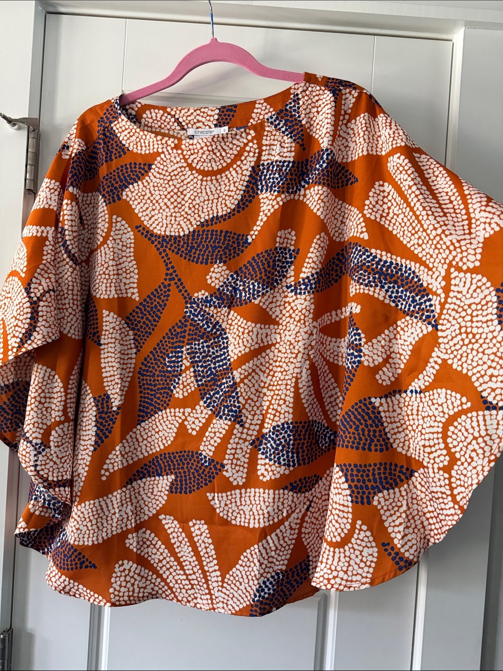 Chico's Rust Orange Abstract Floral Blouse with Navy & White Print